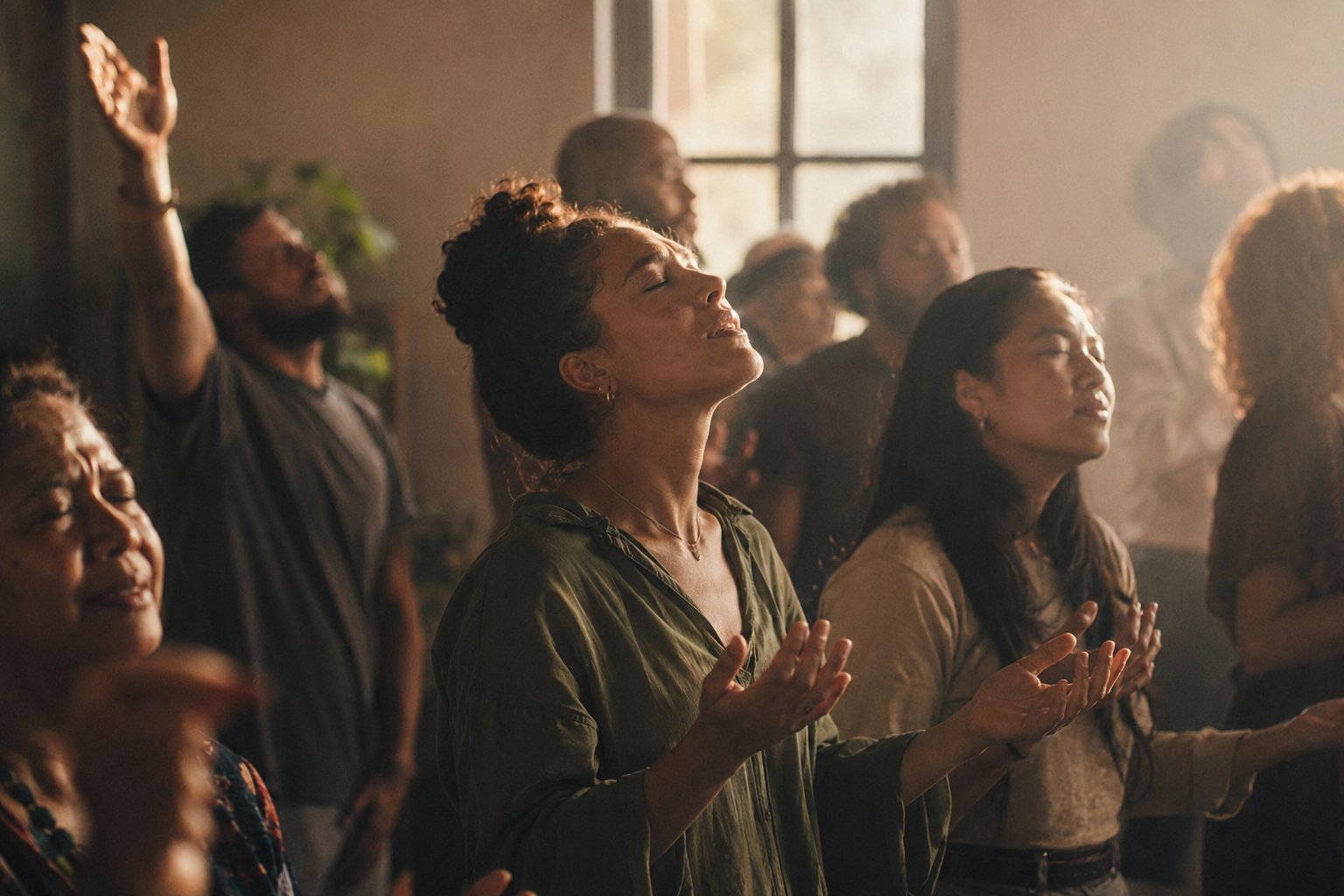 People worshiping together with hands raised in warm light